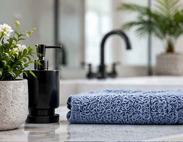 Blue towel by a bathroom sink