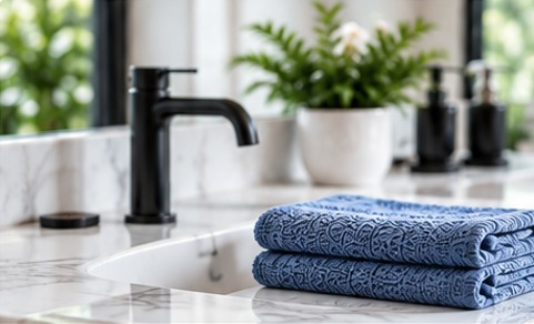 Folded blue towel by a bathroom sink