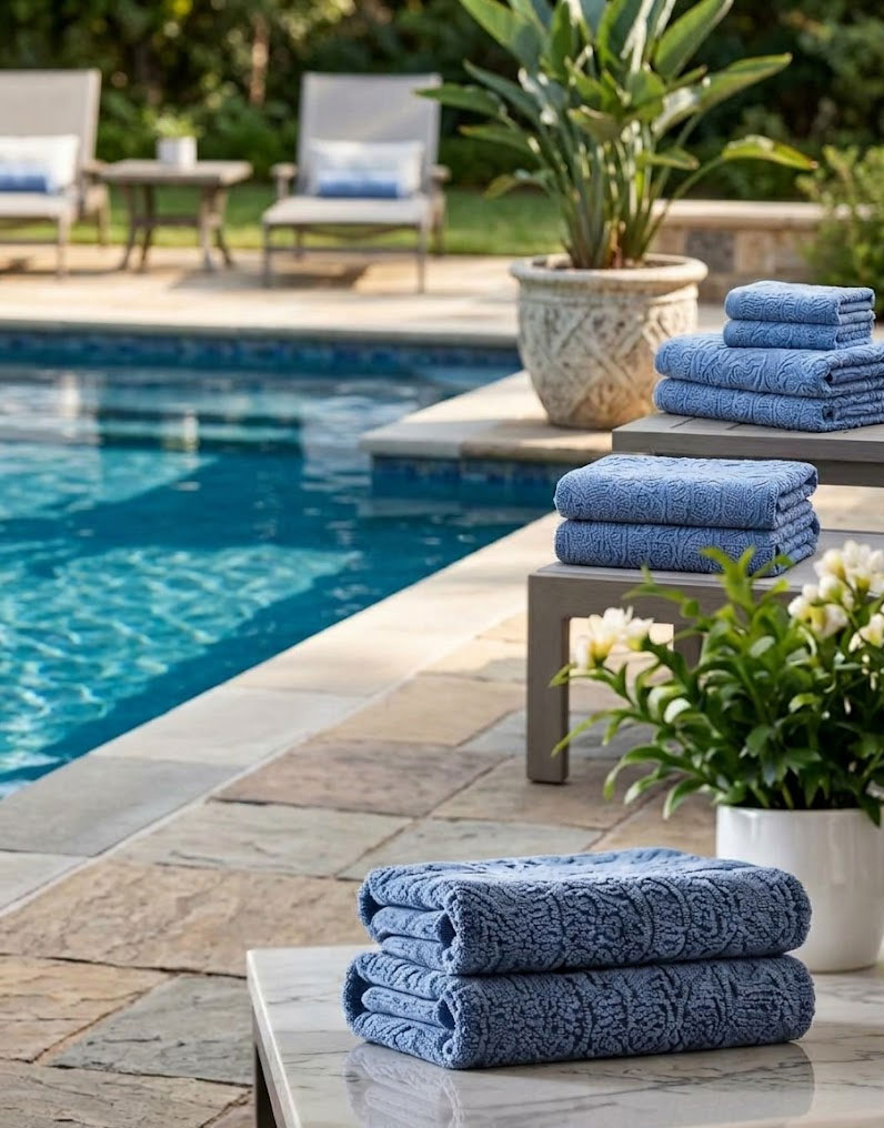 Spray bottle and folded blue towels