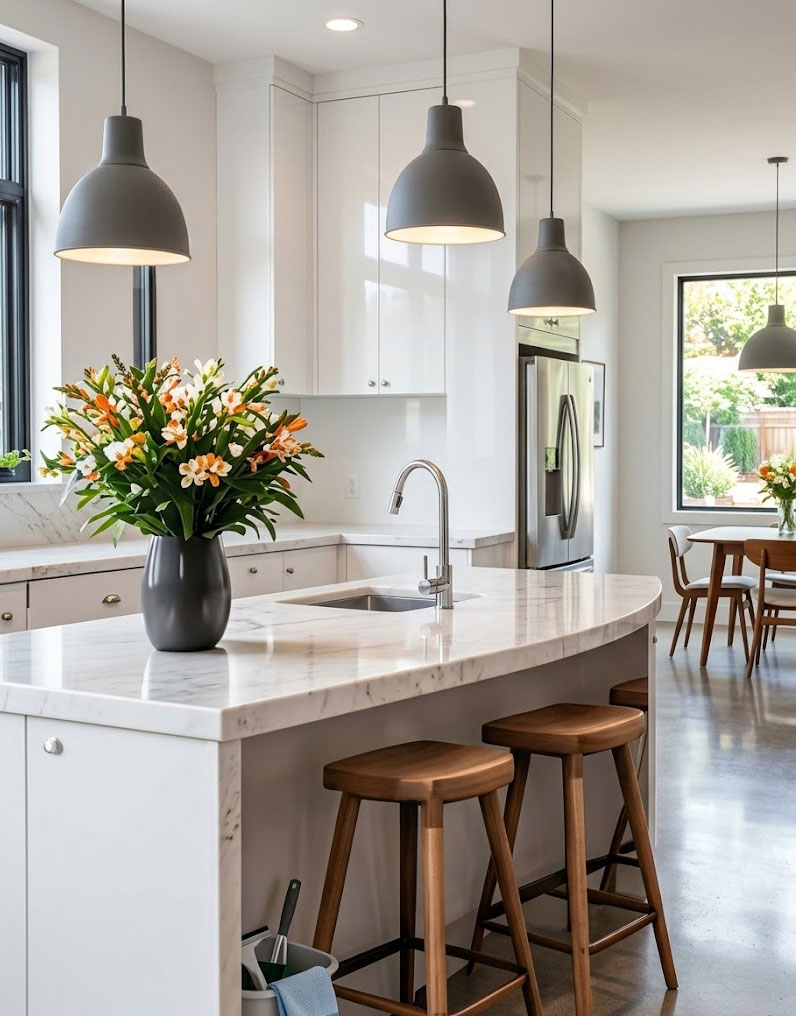 Bright kitchen with island and flowers